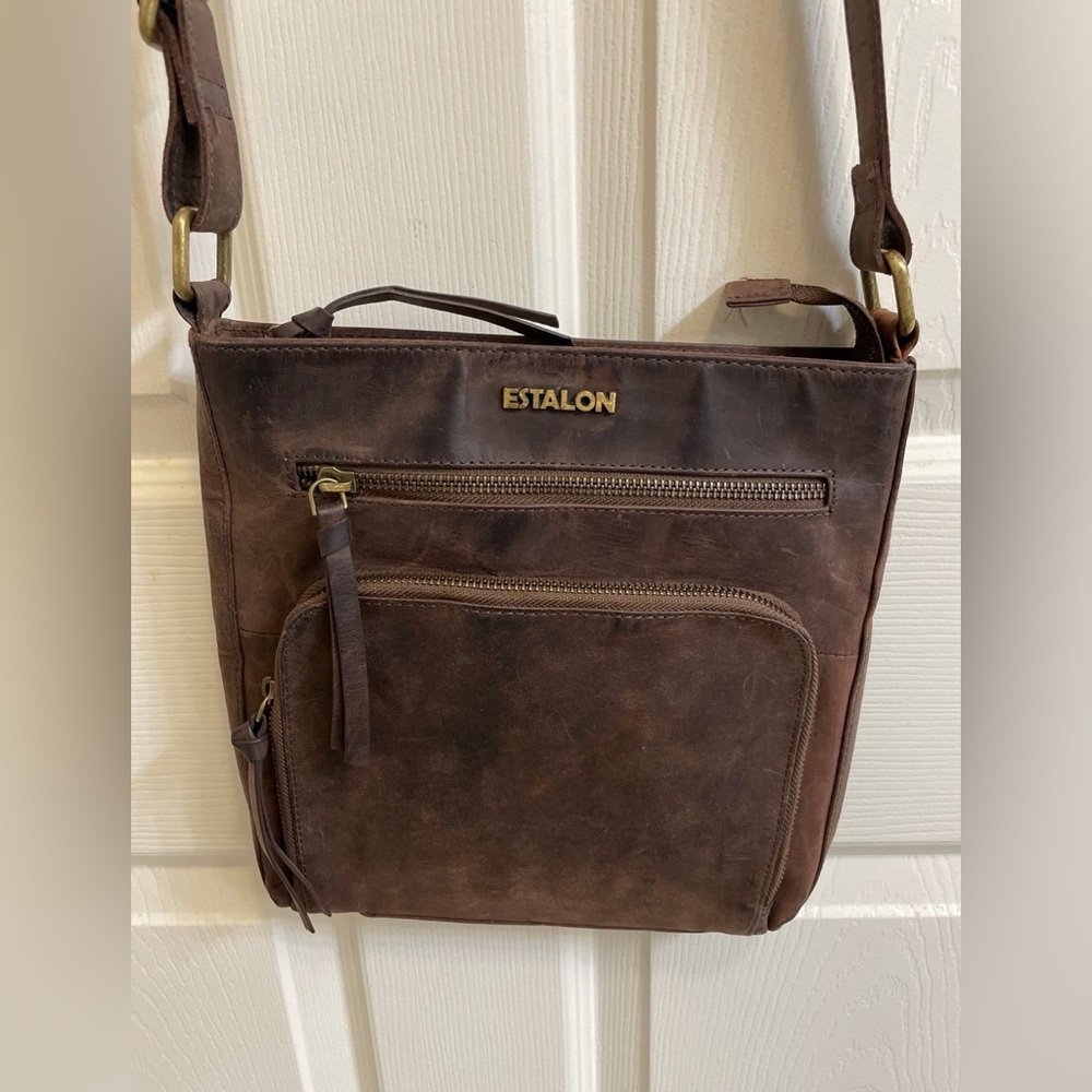 Leather Unisex ESTALON Crossbody Bag Purse 100% Genuine Leather Distressed Dark
